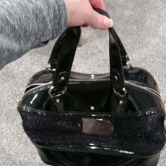 Emporio Armani black patent leather and polyester fuzzy sparkle 2 handle purse - Picture 3 of 7